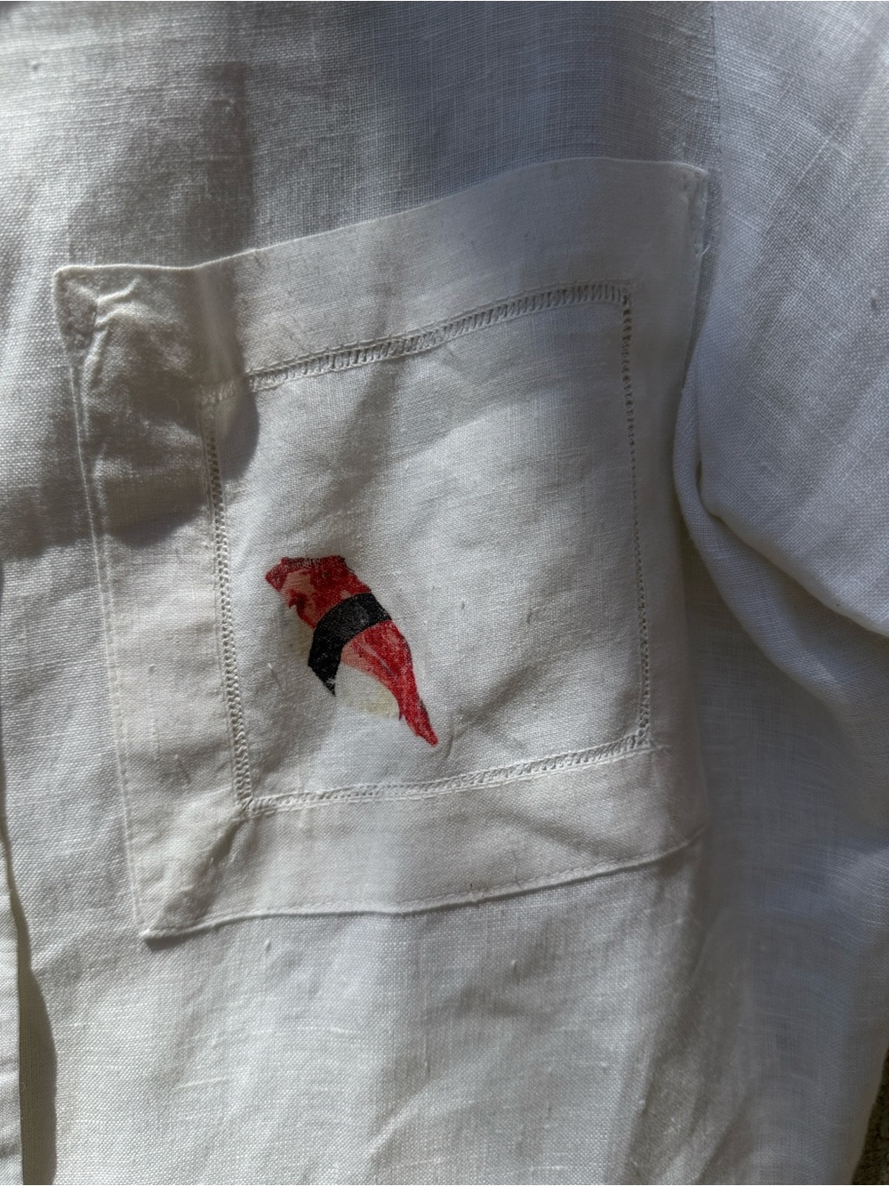 White Linen Short-Sleeve Button-Up Shirt with Sushi Prints - Picture 3 of 8